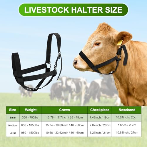M METERXITY 1-Pack Adjustable Cattle Cow Calf Halter, 13.78"-17.7" Nylon Livestock Cow Halter for Miniature Horse/Donkey/Goat/Cattle [Black] - color: Black