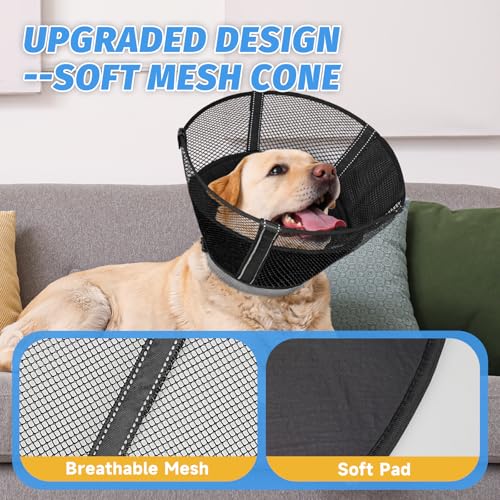Dog Cone Collar Soft to Stop Licking Surgery Recovery Alternative | Large Medium Dogs, Breathable Mesh, Detachable Soft Liner, Surgery Spay Neuter Wound Care, Adjustable, Comfortable, Clear - color: Black, size: L(Depth: 9.8in, Girth: 13.9-17.3in)