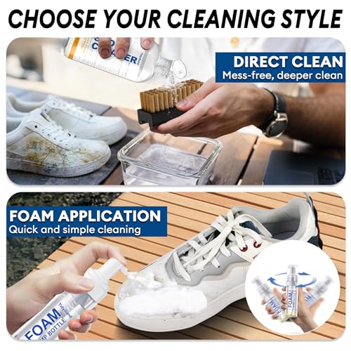 Shoe Cleaner Kit – Fast Dirt And Stain Removal, Anti-Yellowing Care | For White Shoes & Sneakers, Leather, Canvas, Mesh, Knit And Rubber, Brush & Towel Included - color: Complete Deep Cleaning Kit 10.6 Oz