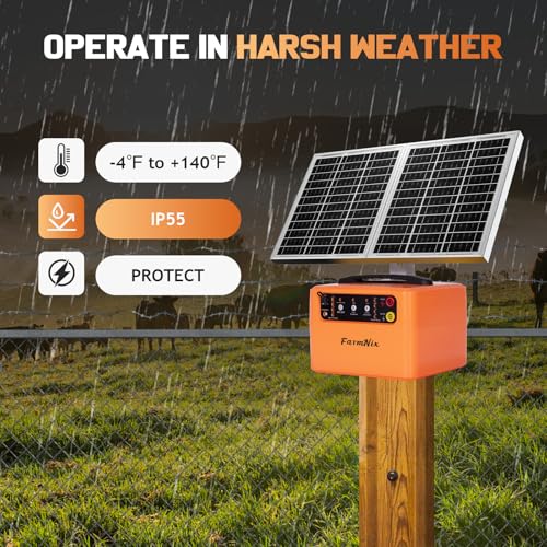 30 Miles Solar Electric Fence Charger, 0.3-1.5J for Livestock Farm | 6-12KV Adjustable Pulse Output,Portable Rechargeable 15W Solar Panel,Solar/AC Power, Waterproof 24/7 Uninterrupted Protection - color: Orange