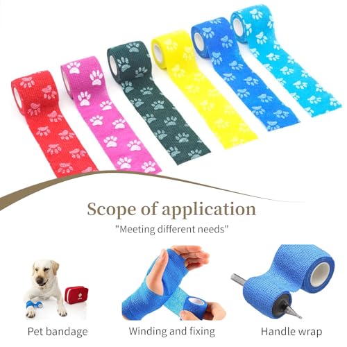 MEDUWEDU Pet Bandage 6 Rolls, Adhesive Bandage, Self Adhesive Bandage, First Aid Adhesive Gauze, for Horses, Dogs,Cats, Birds, Animals (Paw Prints, 2 Inch (Pack of 6)) - color: Animals