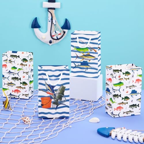 WERNNSAI 16 PCS Gone Fishing Party Goodie Bags | Gone Fishing Birthday Supplies, Fishing Candy Gift Bags with Handle for Boys Little Fisherman, Paper Treat Favor Bag - color: Blue and White
