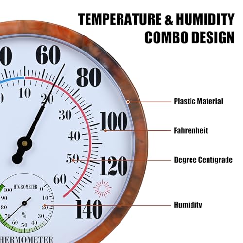 10 Inch Indoor Outdoor Thermometer Hygrometer Combo | Large Dial Analog Temperature Humidity Gauge, Wall Mount Weather Thermometer for Home Patio Greenhouse Garage Room - color: Brown