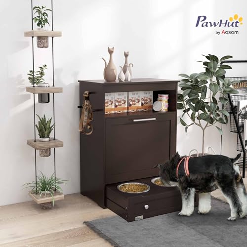 PawHut Dog Feeding Station with Raised Bowls, Pet Feeder Station, Brown | Dog Food Storage Cabinet, Hanger for Feeding & Watering Supplies - color: Coffee
