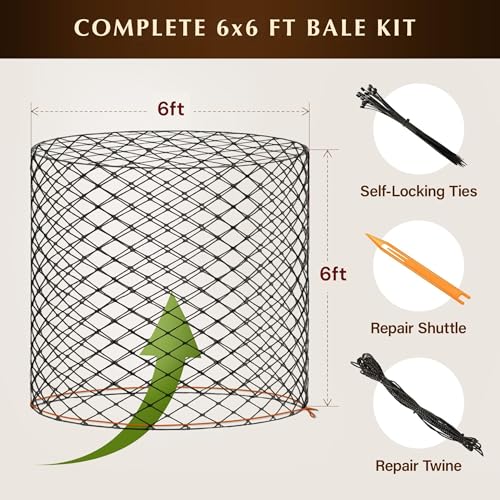 6x6 Ft Round Bale Hay Net for Horses – Knotless Slow Feeder Net with 2” Holes – Fits Up to 6x6 Round Bales or Square Bales – Helps Reduce Hay Waste – Large, Durable Hay Feeder, Year-Round Use - size: Bale Size 6x6 FT