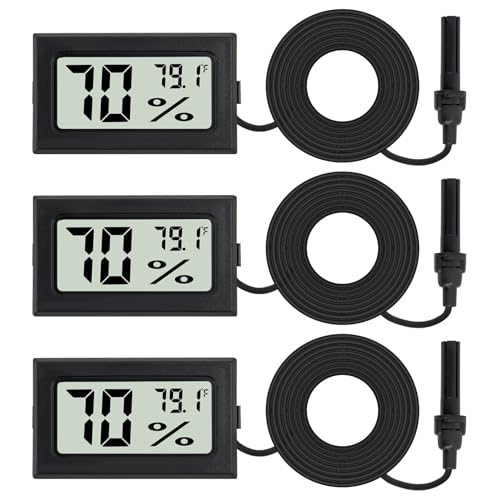 3Pcs Fahrenheit Thermometer Hygrometer Mini Digital with Probe Electronic Temperature Humidity Gauge Meters Indoor LCD Display for Humidors,Greenhouse,Garden,Incubator Reptile Terrarium - color: Black-3PCS