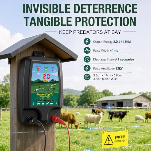 Electric Fence Charger 15 Miles, 12KV Pulse Charger AC/DC Solar Compatible, Heavy Duty Livestock 2J Fence Charger for Cattle, Horses, Poultry, Garden Deer & Wildlife Control, LED Display with Alarm