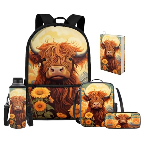 Upetstory Highland Cow Backpack for Girls Kids School Bag with Lunch Box Pencil Case Book Cover Water Bottle Sleeve Teen Schoolbag Elementary Primary Bookbag Travel Daypack Hiking Cycling - color: Highland Cow