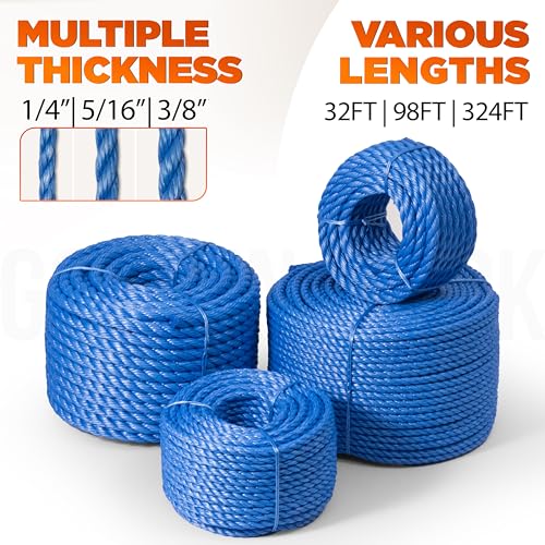 3142lbs Heavy Duty PP/Polyester/Nylon Rope, Blue, 3/8inX98FT | Weather-Resistant & Waterproof Rope for Pool, Camping, Construction & Rigging Applications - color: Blue, size: 3/8in X 98FT