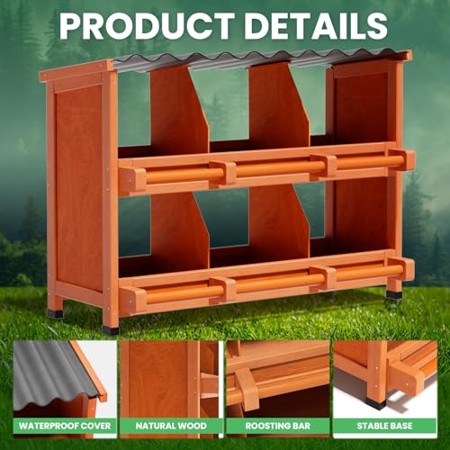 2-Tier Chicken Nesting Box, 6 Compartment Wooden Nesting Box for Chickens with Waterproof Roof, Non-Slip Stable Base, Heavy Duty Chicken Laying Boxes for Hens, Duck, Poultry, Bird, Orange - size: 38.8"L x 12.6"W x 29.8"H