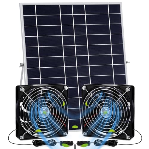 Glooglitter 20w Solar Powered Fan Kit for Chicken Coop IP67 Waterproof Dual Solar Greenhouse Fan 3500 RPM High Speed Exhaust Fan with 10ft Cable for Shed Pet House Window Outside Inside(1 Set)