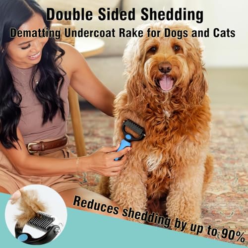 3PCS Dog Grooming Brush - Dog Brush for Shedding Massaging Bathing - Double Sided Shedding, Dematting Undercoat Rake - Self Cleaning Slicker Comb for Dogs and Cats with Long or Short Coats - color: Blue-3Pcs