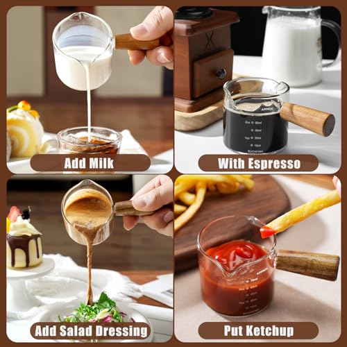 2 Pack Espresso Cups with Wood Handle, 75ML Double Spout Glass Measuring Cup with Dual Scale, Espresso Shot with V-Shaped Mouth, Clear Glass Espresso Accessories, Milk Frothing Pitcher