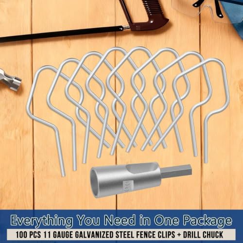 100 Pcs T Post Clips Kit, Metal Wire Fence Clip & 1 Drill Chuck, Galvanized Steel Tie Preformed T-Post Fence Clips 11 Gauge Fence Ties Fast Installation Farm Garden&Livestock Fencing T/U-Posts(Silver) - size: 100PCS