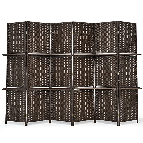 Giantex 6Ft 6 Panel Room Divider with Shelves, Freestanding Hand-Woven Rattan Folding Privacy Screens for Room Separation, Wooden Partition Room Divider Wall for Home Office Studio Separator - color: Brown