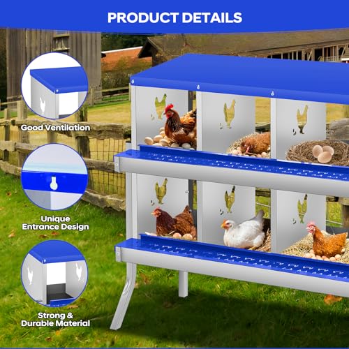 Chicken Nesting Box with Bracket Legs, 6 Compartment Nesting Boxes for Chickens, Chicken Laying Boxes to Protect Eggs, Easy to Clean & Install - color: Blue-6
