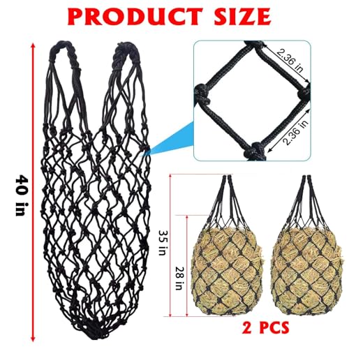 Slow Feed Hay Net for Horses,2 Pack Hanging Feeder for Horses Sheep Goats, Black Nylon Mesh Bag, 40 Inch Length, 2.36 Inch Holes, Cross Weave Design,