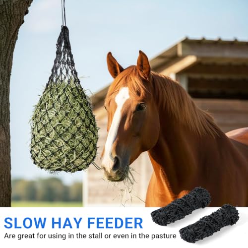 2-Pack Heavy Duty Hay Bags, Slow Feeder for Horses & Goats with 2-Inch Holes, Adjustable Drawstring Hay Net to Reduce Waste & Improve Digestion for Stall, Trailer, Pasture
