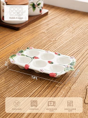 6-Cup Handmade Deviled Egg Platter | 6-Cup Handmade Deviled Egg Platter, Embossed Strawberries & Winding Vines, Country Farmhouse Aesthetic for Kitchen Decor