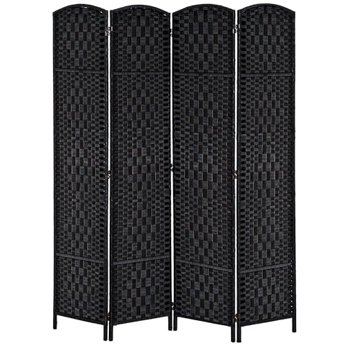 HOMCOM Room Divider 4-Panel, 6FT-Tall Folding Privacy Screen, Black | Freestanding Partition, Hand-Woven Design, for Room Separation, 360° Hinges, Paper Rope Diamond Weave - color: Black, size: 4 Panel