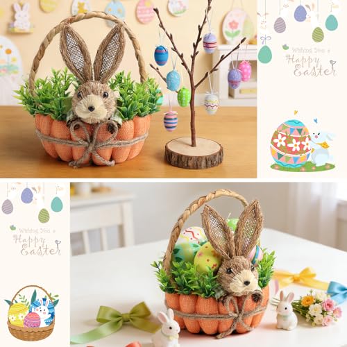 Easter Basket Decoration with Handle, Handmade Straw Bunnies, 12 Hanging Easter Eggs,Carrot Baskets for Easter Egg Candy Storage, Spring and Easter Home Table Decor, Mantle Centerpiece