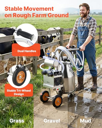 VEVOR Electric Cow Milking Machine, 25 L, 304 Stainless Steel Bucket | Food Grade Teat Cups and Silicone Hose Provide Strong Suction and Vacuum Pulsation, while Wheels Ease Movement around Farms - size: 25L