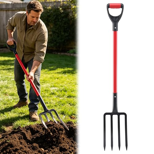Pitch Fork for Hay, Heavy Duty Pitchfork for Garden, Metal Broadfork Yard Garden Tools Long Handle for Gardening Digging, Mulching 43 inch