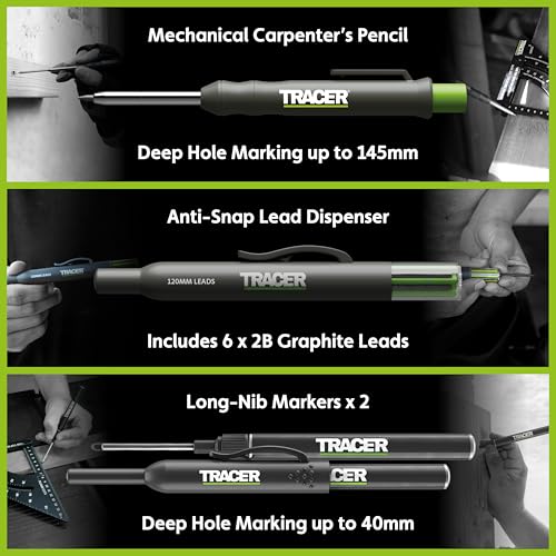 Tracer Complete Deep Hole Marking Kit - Includes Double-Tipped Long Head Deep Hole Permanent Marker and Deep Hole Construction Pencil with 6 Replacement Lead Dispenser Site Holster | Deep hole construction pencil, double-tipped permanent marker, 6 replace