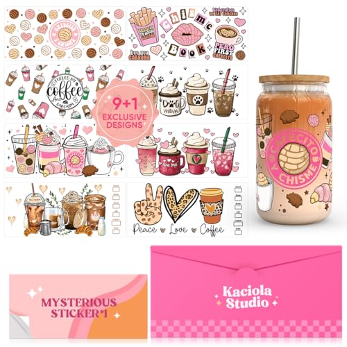 Kaciola 10 Sheets UV DTF Cup Wraps for 16 oz- Coffee Theme UV DTF Stickers, 1 Sheet Mysterious Pattern Transfer, Rub on Transfers Stickers for 16 oz Libbey Glasses Crafting - style: Coffee