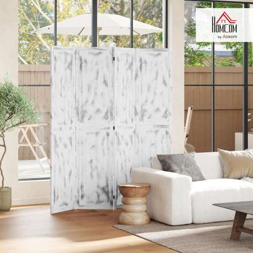 HOMCOM 4-Panel Room Divider, 5.5' Tall, Woodgrain, Rustic White | Freestanding Privacy Divider, Partition Wall Divider for Room Separation
