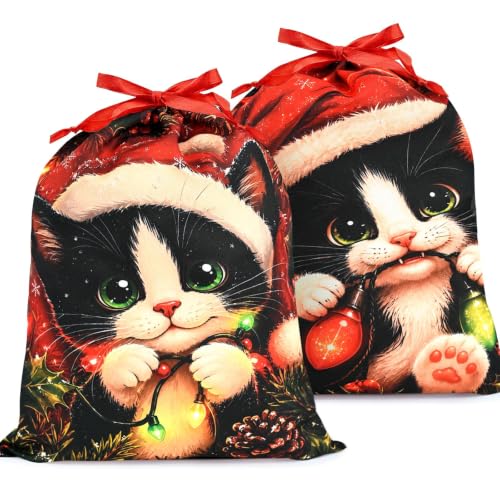 KzgtY Christmas Cat 2PCS Gift Bags with Drawstring, 16 x 12 Inch Reusable Present Sacks for Christmas,Brithday, Holidays,Parties & Gift Packaging - color: Christmas Cat