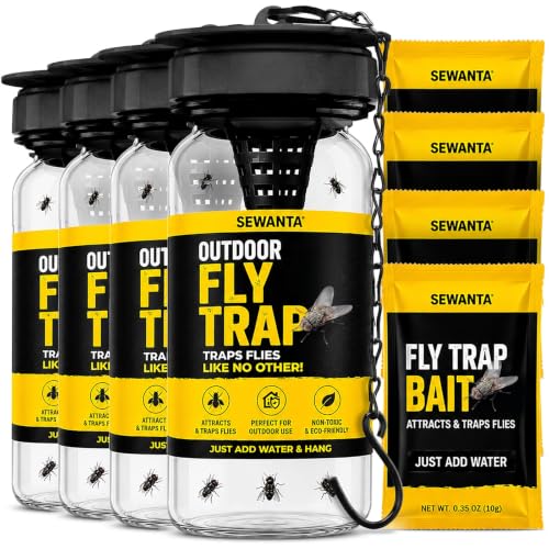 Outdoor Fly Trap [4 Pack] Fly Traps Outdoor with Dissolvable Non-Toxic Bait - Fly Repellent for Outdoor Use Only - Controls Flies for Patios, Barns, Ranches Etc. Hanging Fly Traps with Tie Included - size: 4 Pk