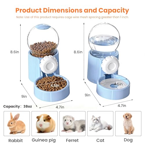 38oz Rabbit Water Dispenser and Feeder Set (Blue) | Large Hanging Automatic Food Water Dispenser, for Bunny Guinea Pig Chinchilla Ferret Cage Accessories - color: Blue