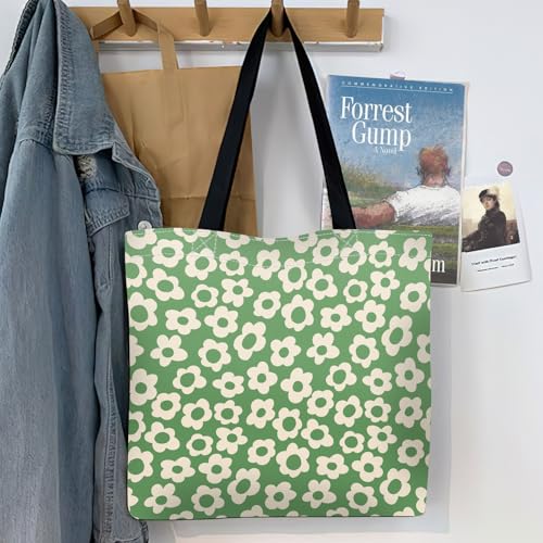 Canvas Tote Bag for Women，Cute Heavy-Duty Shoulder Bag with Zipper Pocket -Travel Tote for Grocery, Gym,Shopping - color: Green Groovy Flower