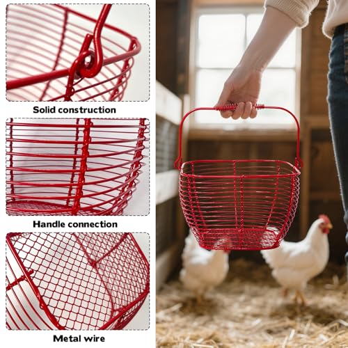 2 PCS Wire Egg Baskets for Gathering Fresh Eggs with Handle 7 Inch Red Square Metal Chicken Duck Eggs Collecting Countertop Basket Egg Holder Farmhouse Fruit Storage Container