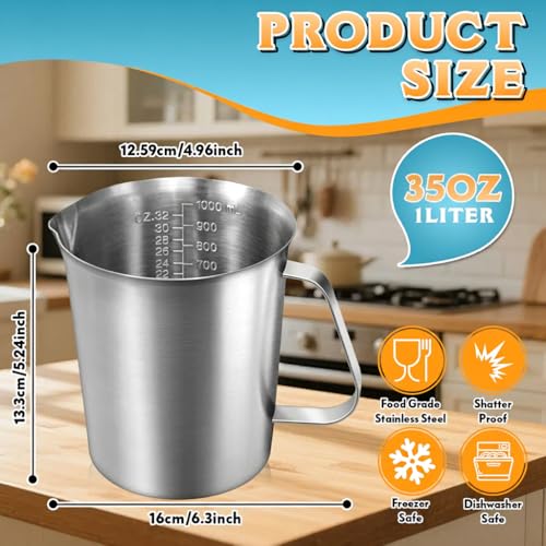 Stainless Steel Measuring Cup 35oz (4 Cup / 1000ml), Heavy Duty Liquid Measuring Pitcher with Handle & Engraved Markings, Metal Measuring Cup for Coffee, Milk, Baking & Frothing - size: 35oz/1000ml