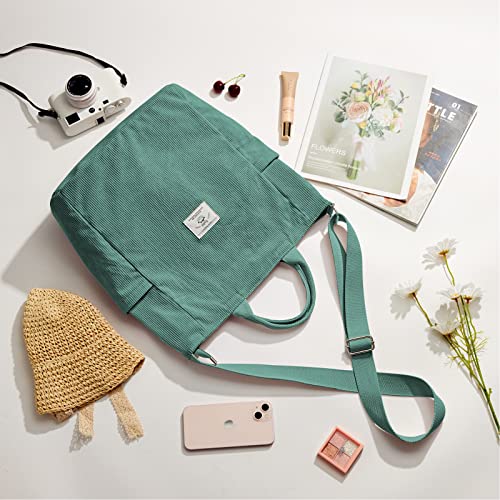KALIDI Corduroy Tote Bag, Large Slouchy Hobo Messenger Crossbody Bag | Anti Splash Zipper Side Pockets Shoulder Bag Adjustable Strap Lightweight Casual Work Shopping Women - color: Green