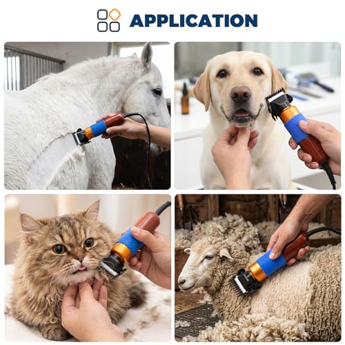Horse Clippers 200W, Professional Animal Grooming Clippers with 2 Blades, 10ft Cord, Stepless Speed, Low-Noise Electric Clippers for Horses Sheep Goats Dogs