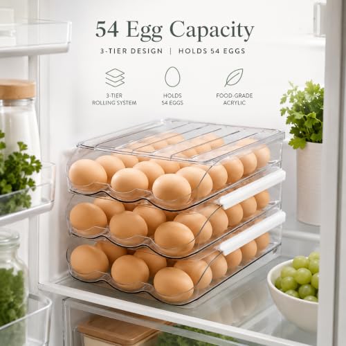 54 Egg Storage For Refrigerator With Egg Cracker Tool, Egg Dispenser For Refrigerator, Automatic Rolling Egg Holder For Fridge, BPA-Free Clear Egg Tray. - size: 3 Layers Holder 54 Eggs