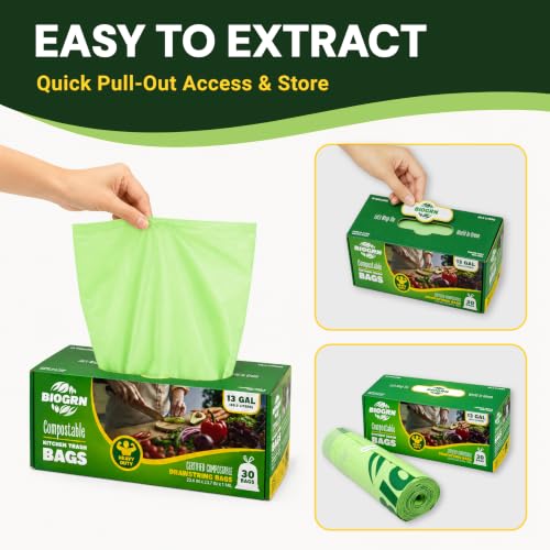 10-13 Gallon Compostable Trash Bags Drawstring 30 Bags Heavy Duty Extra Thick 1 Mil 49.21 Liter Biodegradable Trash Bags Compost Bags Green for Kitchen ASTM D6400 US BPI and OK Compost Home Certified - color: 13 Gallon Drawstring, 30 Count