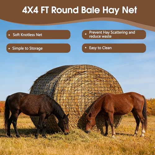 4x4 Ft Round Bale Hay Nets for Horses, Heavy Duty Slow Feed Hay Net | 1.5" Holes Large Nylon Hay Net Slow Feeder Nets with Net Repair Tool, UV Resistant Horse Hay Net for Horse Cattle Cow Sheep