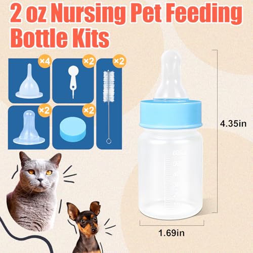 DEMORA Kitten Bottle Feeding Kit, Graduated Nursing Feeding Bottles for Pet Kitten Puppy Hamster Rabbit with Two Kinds of Replaceable Nipples Feeder (Clear, 2 oz)