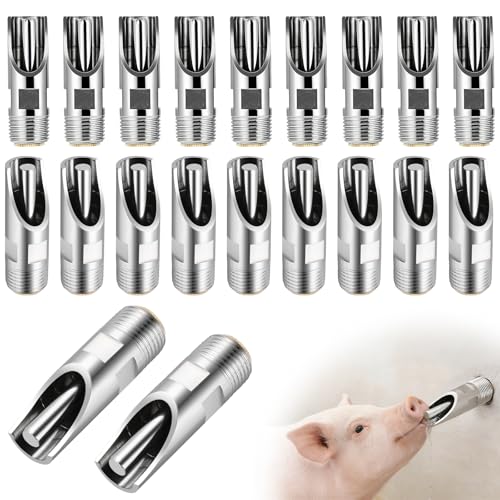 NATGAI 20 Pack Pig Water Nipple, 1/2" NPT Stainless Steel Automatic | Pig Nipple Waterer, Heavy Duty Hog & Swine Water Drinker Feeder, Pig Nipple Drinker for Sows, Piglets & Goats Drinking System