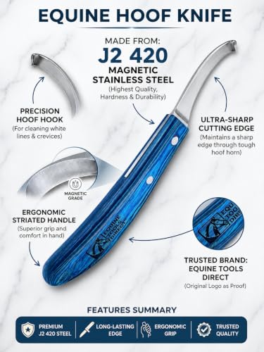Left-Hand Curved Blade Farrier Hoof Knife, J2 420 Magnetic Stainless Steel Blade, Ergonomic Blue Handle, Horse Hoof Trimming Tool for Sole & Frog Paring - style: Left-Handed