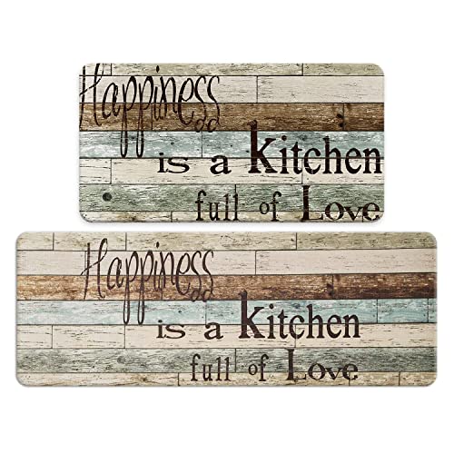 FRESHMINT Farmhouse Kitchen Mats Sets 2 Piece Cushioned Comfort Mat for Home & Office Ergonomically Engineered Memory Foam Kitchen Rug Waterproof Non-Skid, 30" by 17" + 47" by 17",Happiness - color: Happiness