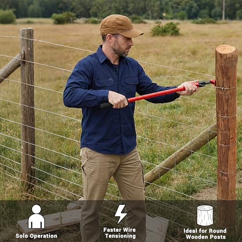 Fence Wire Stretcher Tool and Wire Tensioner for Round Wooden Posts, Heavy-Duty Fence Wire Tensioning & Repair Tool for Barbed/Smooth/Electric Wire, Easy One-Person Use on Farm & Ranch