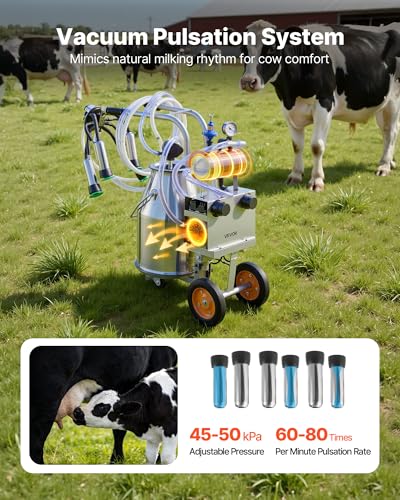 VEVOR Electric Cow Milking Machine, 25 L, 304 Stainless Steel Bucket | Food Grade Teat Cups and Silicone Hose Provide Strong Suction and Vacuum Pulsation, while Wheels Ease Movement around Farms - size: 25L