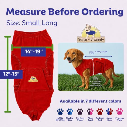 Surgi Snuggly Dog Surgery Recovery Suit, Cone Alternative, Spay/Neuter SL | Dog Recovery Suit for Dogs — Veterinarian-Invented Surgical Suit & Recovery Onesie with Easy Bathroom Access After Surgery - color: Radiant Red, size: Small Long (L-12"-15" | G-14