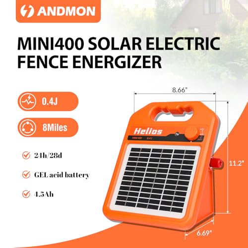 MINI400 30 Miles Solar Electric Fence Charger, 0.4 Joule Solar Electric Fence for Livestock, Horses, Cattle Sheep, Solar Fence Charger with Day or Night Mode, Easy Installation - size: MINI400