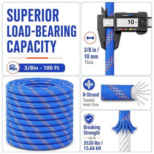 Braided Polyester Arborist Rope (3/8 inch X 100 feet) High Strength Bull Rope for Tree Work Truck Securing Camping Swing, Blue - color: Blue
